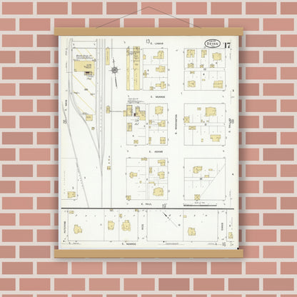 Old map wall art mockup — magnetic wood frame on brick wall — Sanborn Fire Insurance Map from Bryan, Brazos County, Texas (1912), Sheet #0017