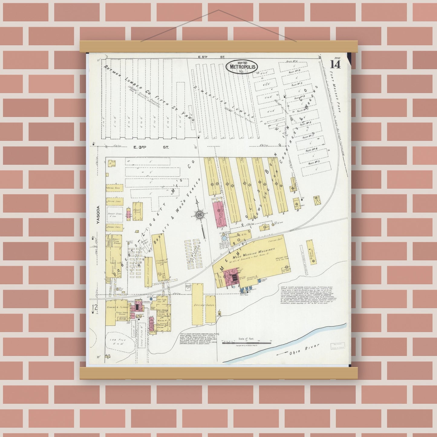 Old map wall art mockup — magnetic wood frame on brick wall — Sanborn Fire Insurance Map from Metropolis, Massac County, Illinois (1921), Sheet #0014