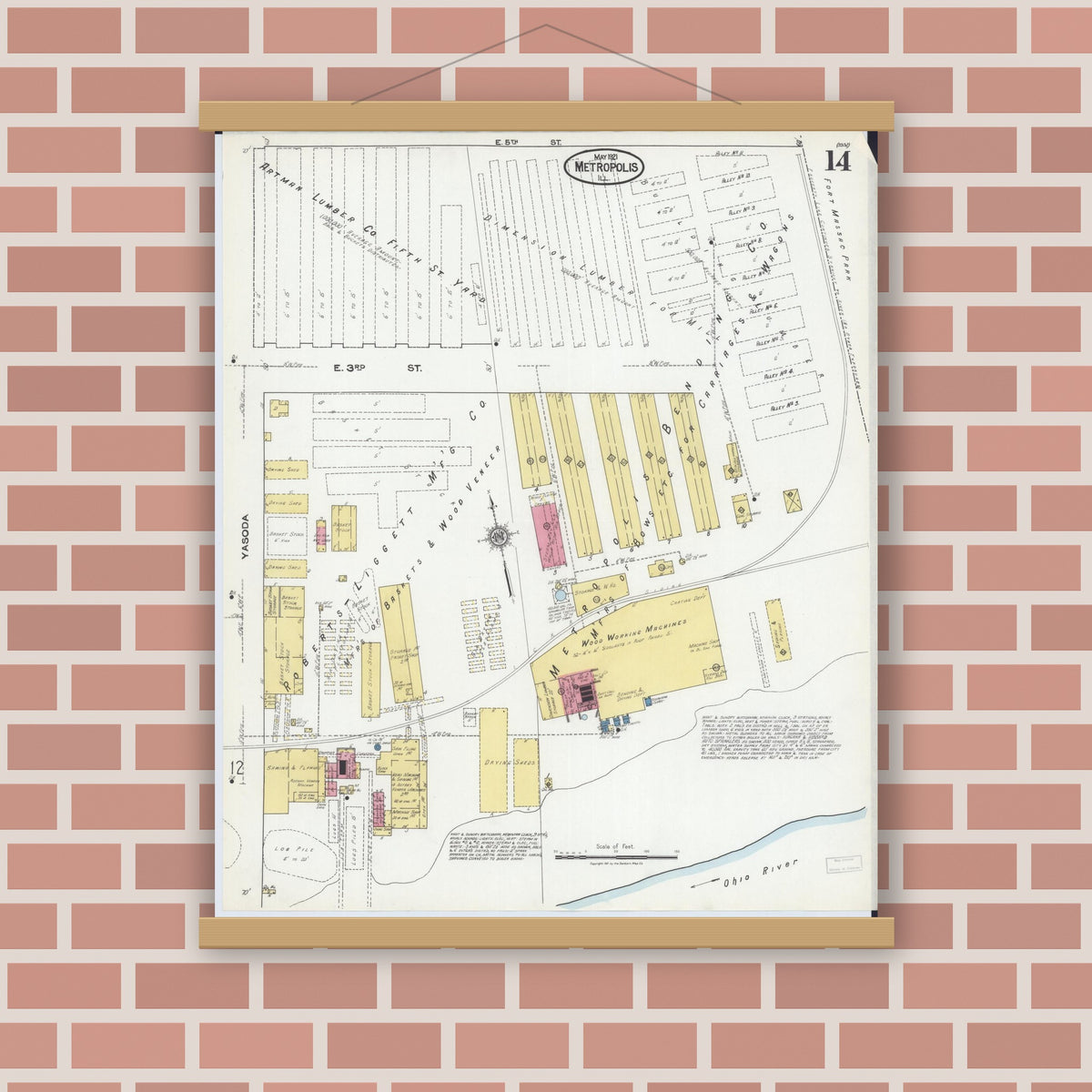 Old map wall art mockup — magnetic wood frame on brick wall — Sanborn Fire Insurance Map from Metropolis, Massac County, Illinois (1921), Sheet #0014