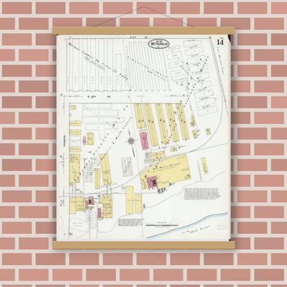 Old map wall art mockup — magnetic wood frame on brick wall — Sanborn Fire Insurance Map from Metropolis, Massac County, Illinois (1921), Sheet #0014