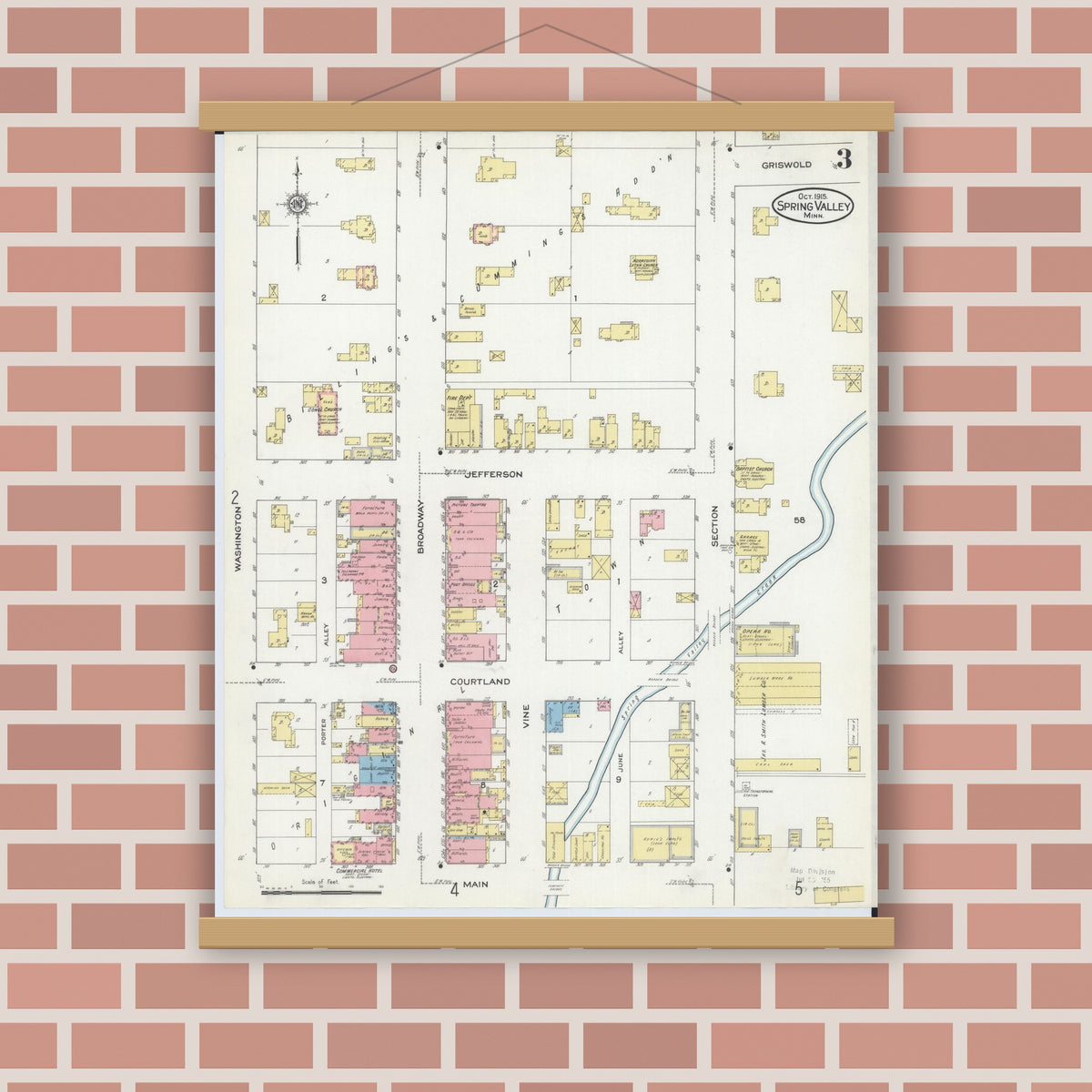 Old map wall art mockup — magnetic wood frame on brick wall — Sanborn Fire Insurance Map from Spring Valley, Fillmore County, Minnesota (1915), Sheet #0003