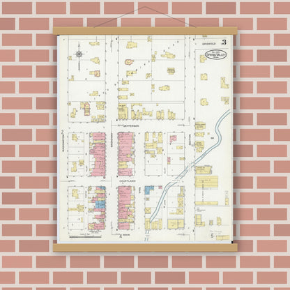 Old map wall art mockup — magnetic wood frame on brick wall — Sanborn Fire Insurance Map from Spring Valley, Fillmore County, Minnesota (1915), Sheet #0003