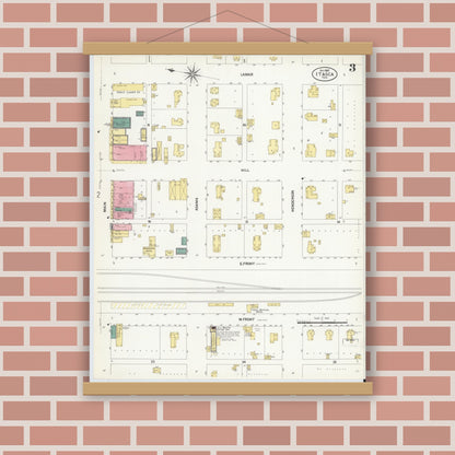 Old map wall art mockup — magnetic wood frame on brick wall — Sanborn Fire Insurance Map from Itasca, Hill County, Texas (1907), Sheet #0003