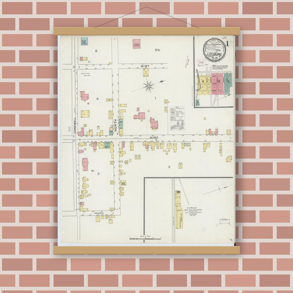 Old map wall art mockup — magnetic wood frame on brick wall — Sanborn Fire Insurance Map from Leesburg, Loudoun County, Virginia (1894) - Complete Map Set