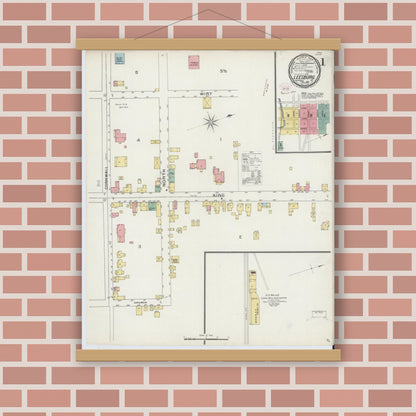 Old map wall art mockup — magnetic wood frame on brick wall — Sanborn Fire Insurance Map from Leesburg, Loudoun County, Virginia (1894) - Complete Map Set