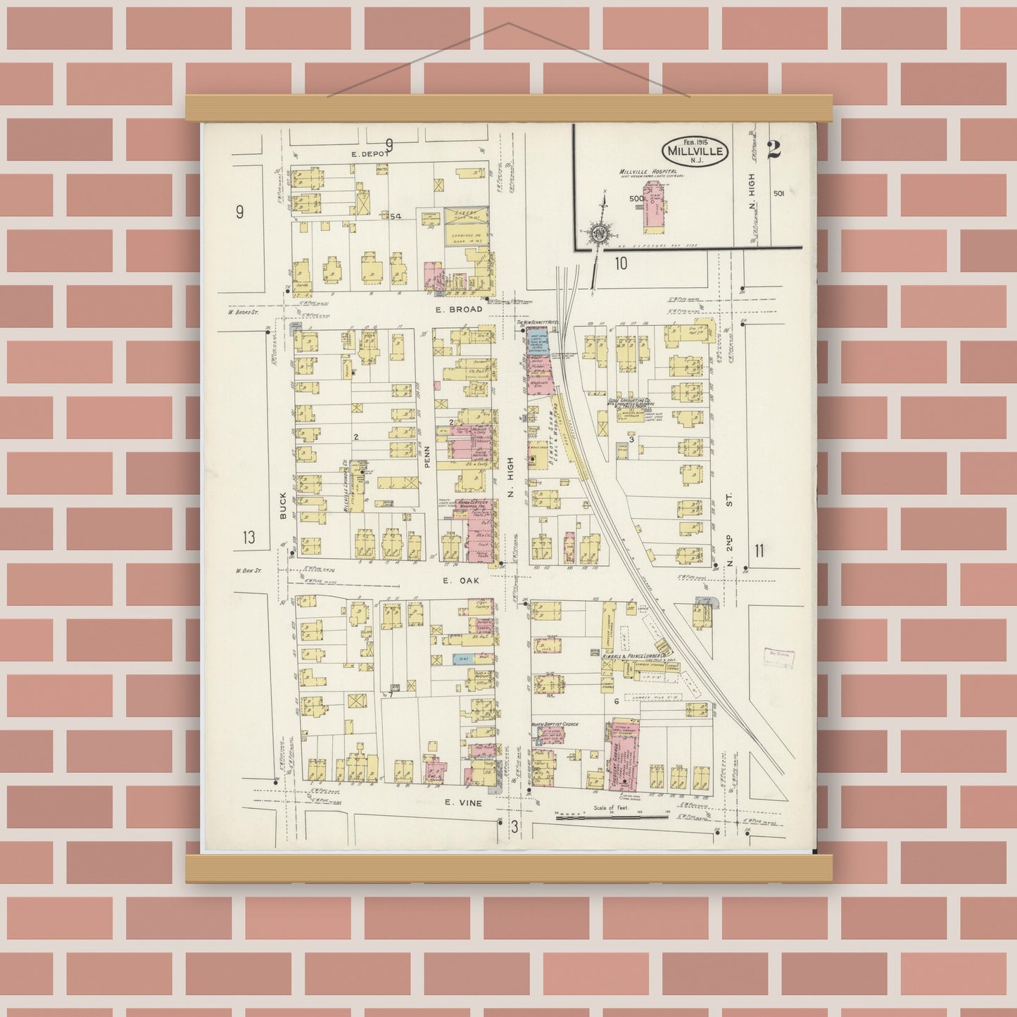 Old map wall art mockup — magnetic wood frame on brick wall — Sanborn Fire Insurance Map from Millville, Cumberland County, New Jersey (1915), Sheet #0002