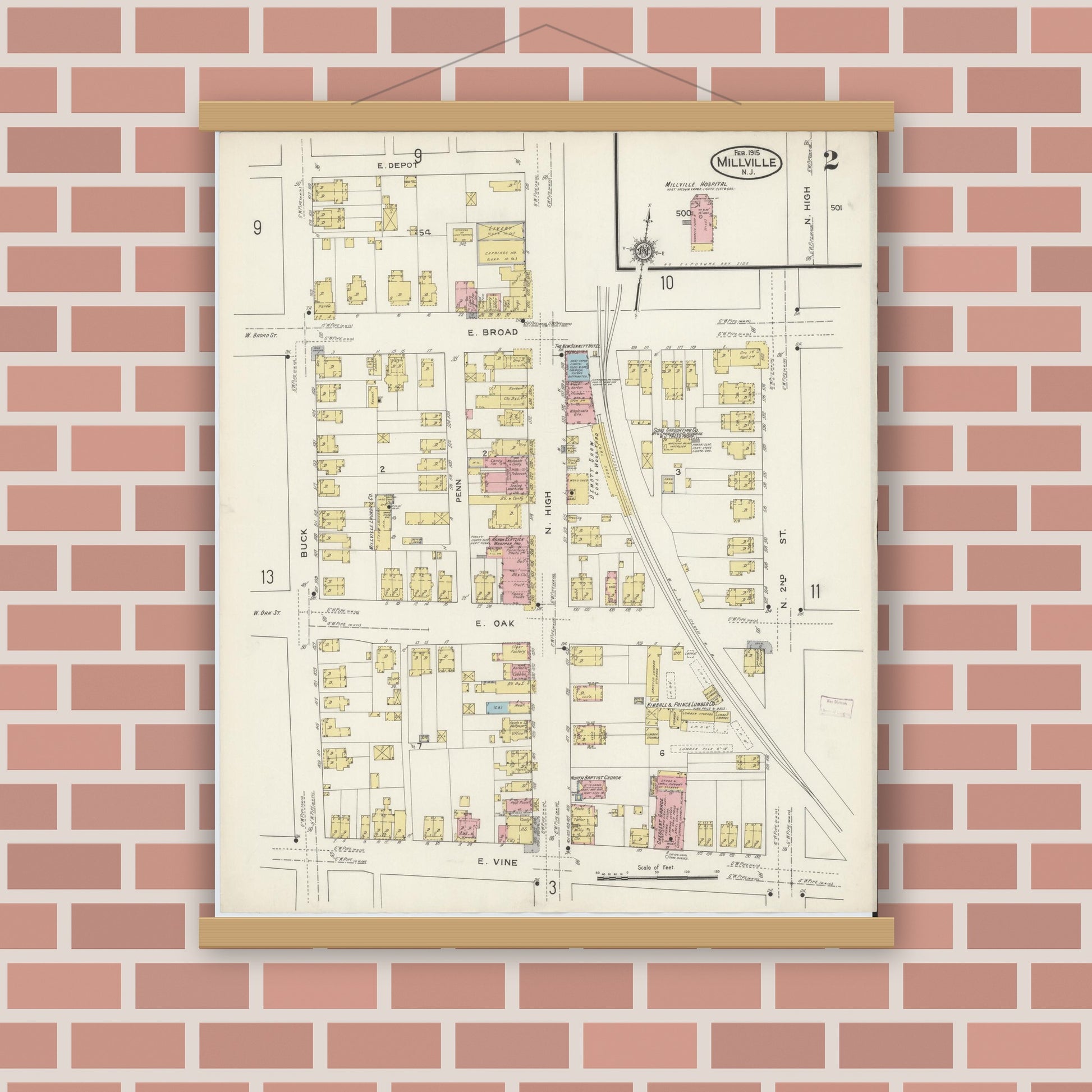 Old map wall art mockup — magnetic wood frame on brick wall — Sanborn Fire Insurance Map from Millville, Cumberland County, New Jersey (1915), Sheet #0002