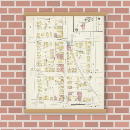 Old map wall art mockup — magnetic wood frame on brick wall — Sanborn Fire Insurance Map from Millville, Cumberland County, New Jersey (1915), Sheet #0002