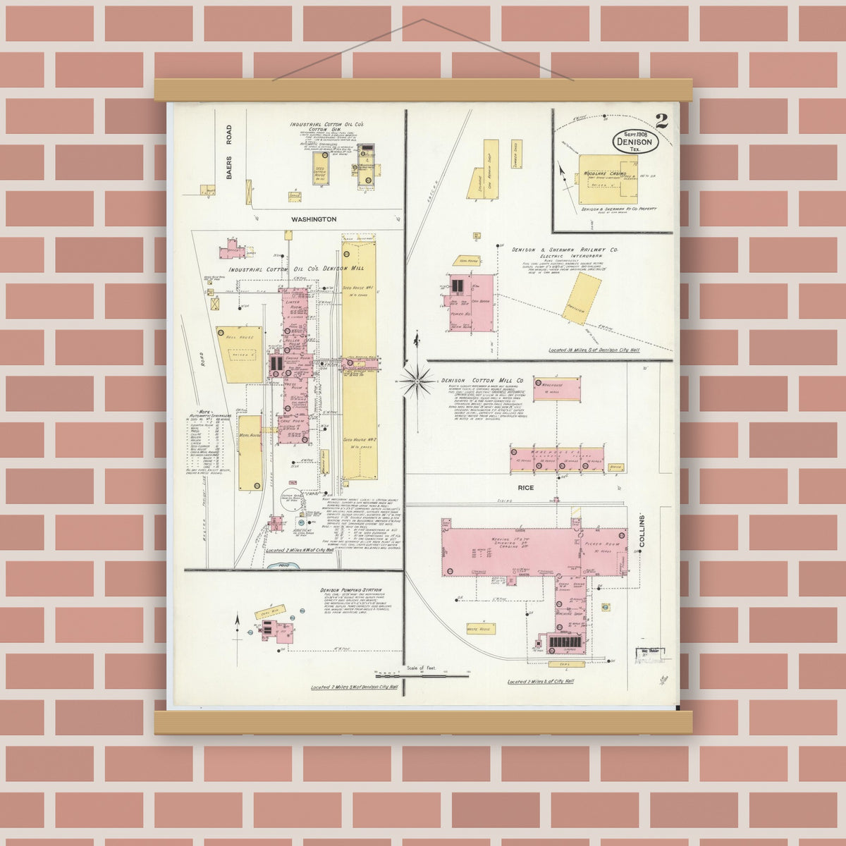 Old map wall art mockup — magnetic wood frame on brick wall — Sanborn Fire Insurance Map from Denison, Grayson County, Texas (1908), Sheet #0002