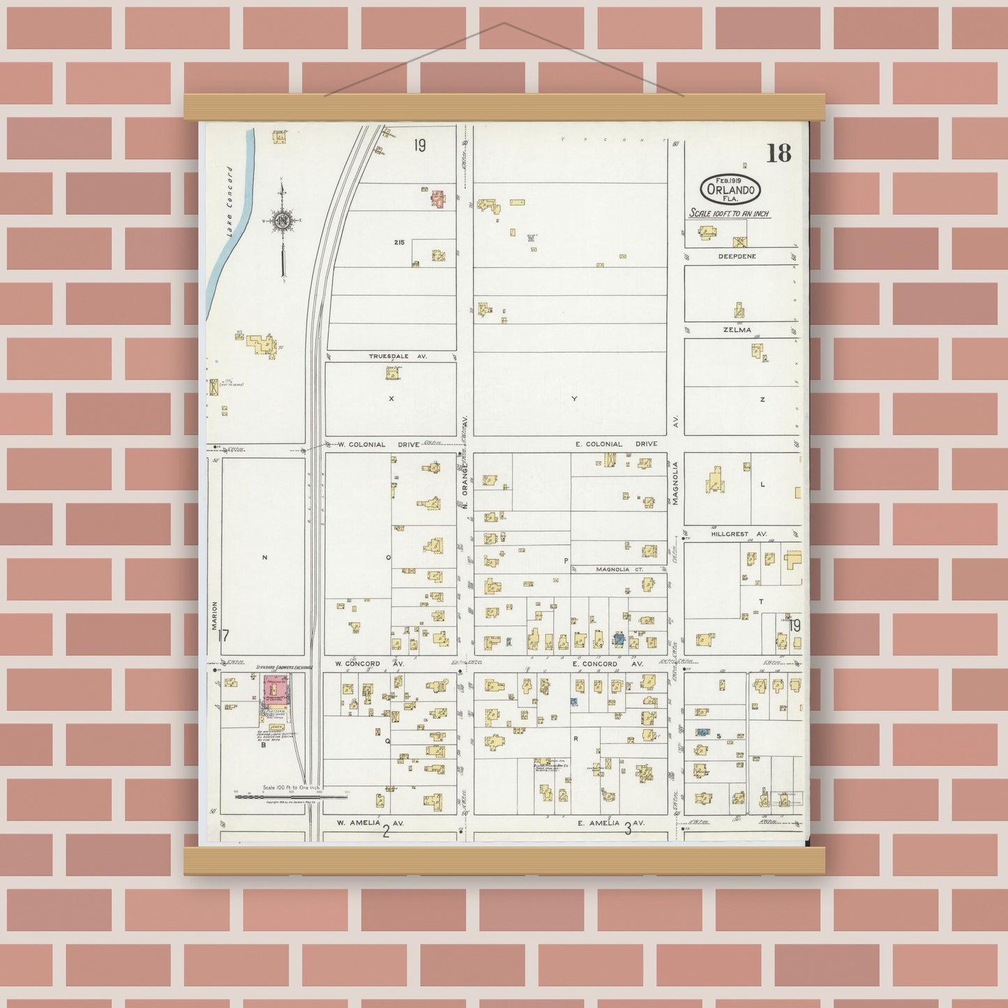 Old map wall art mockup — magnetic wood frame on brick wall — Sanborn Fire Insurance Map from Orlando, Orange County, Florida (1919), Sheet #0018