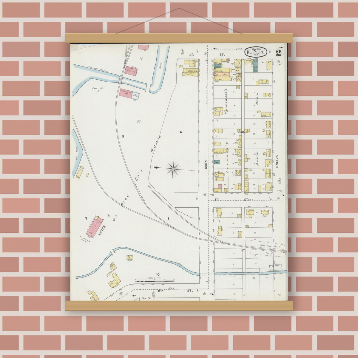 Old map wall art mockup — magnetic wood frame on brick wall — Sanborn Fire Insurance Map from De Pere, Brown County, Wisconsin (1895), Sheet #0002