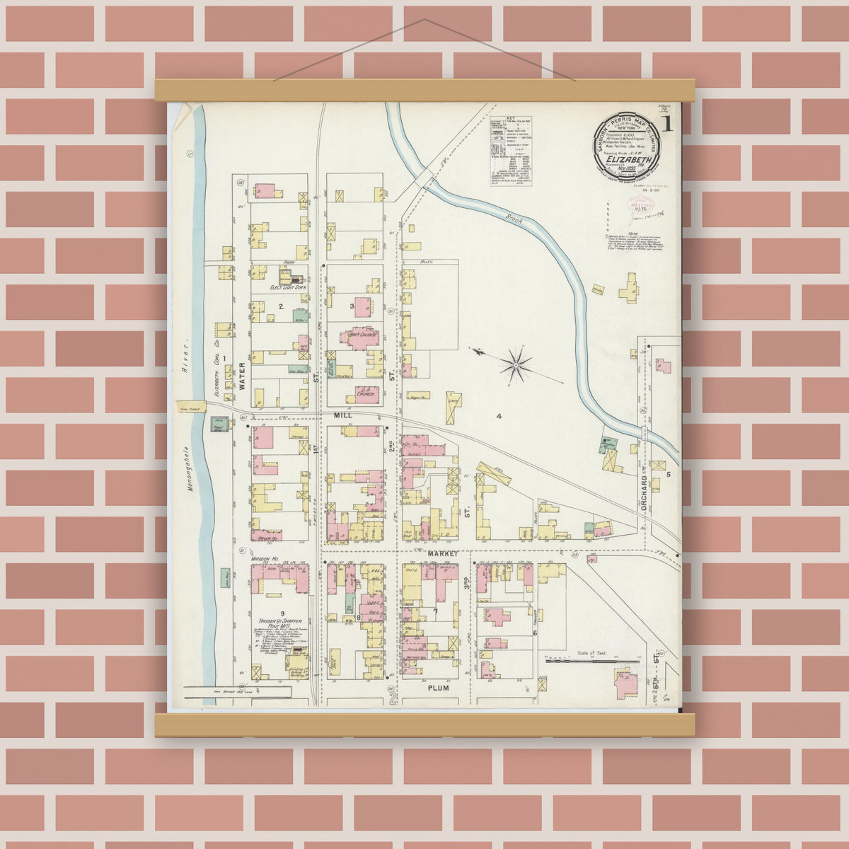 Old map wall art mockup — magnetic wood frame on brick wall — Sanborn Fire Insurance Map from Elizabeth, Allegheny County, Pennsylvania (1895) - Complete Map Set