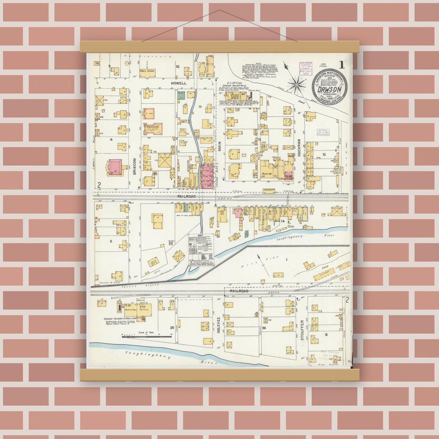 Old map wall art mockup — magnetic wood frame on brick wall — Sanborn Fire Insurance Map from Dawson, Fayette County, Pennsylvania (1904) - Complete Map Set