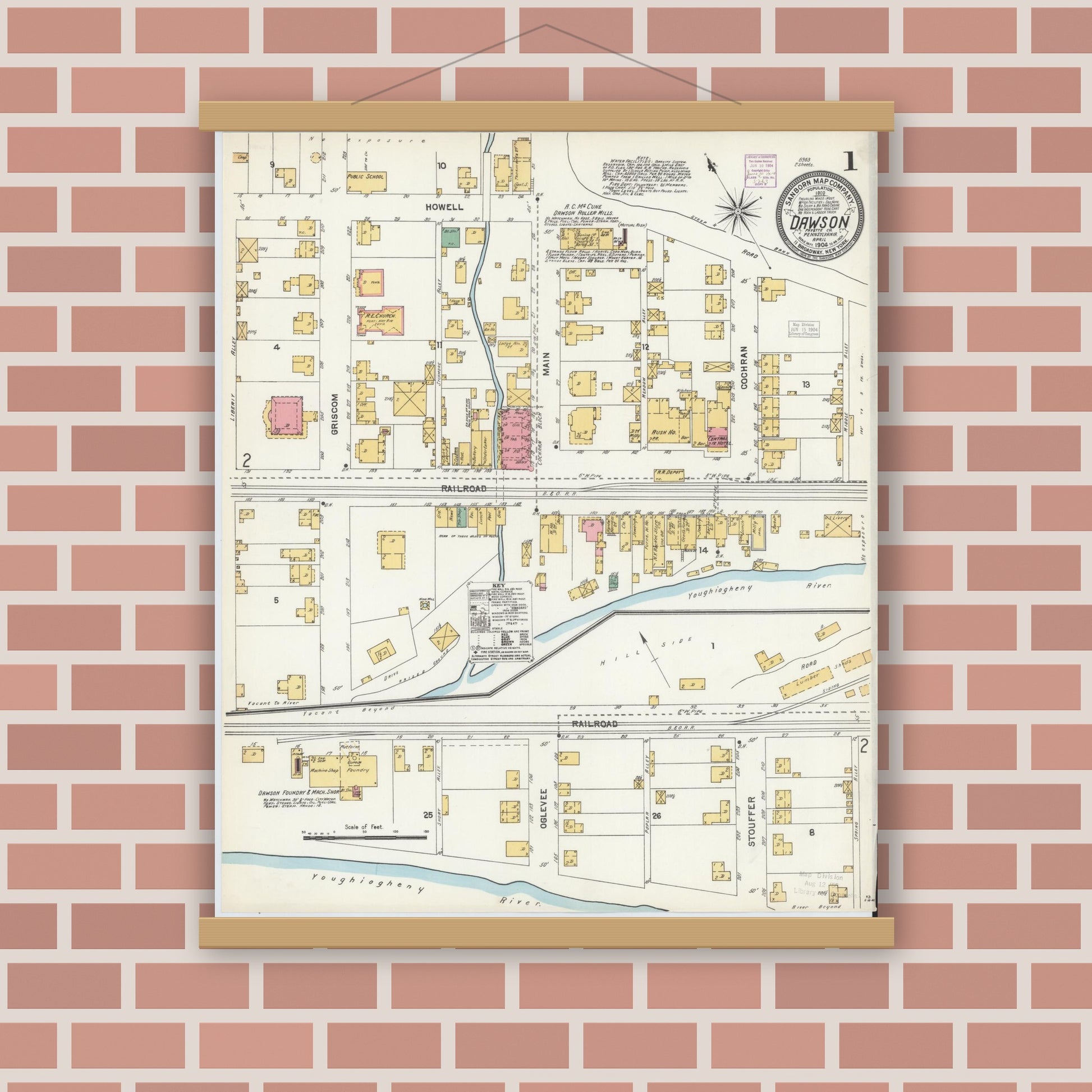 Old map wall art mockup — magnetic wood frame on brick wall — Sanborn Fire Insurance Map from Dawson, Fayette County, Pennsylvania (1904) - Complete Map Set