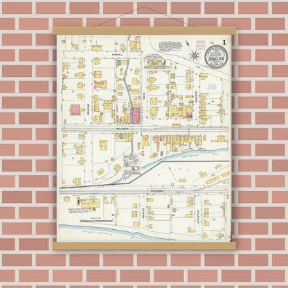 Old map wall art mockup — magnetic wood frame on brick wall — Sanborn Fire Insurance Map from Dawson, Fayette County, Pennsylvania (1904) - Complete Map Set