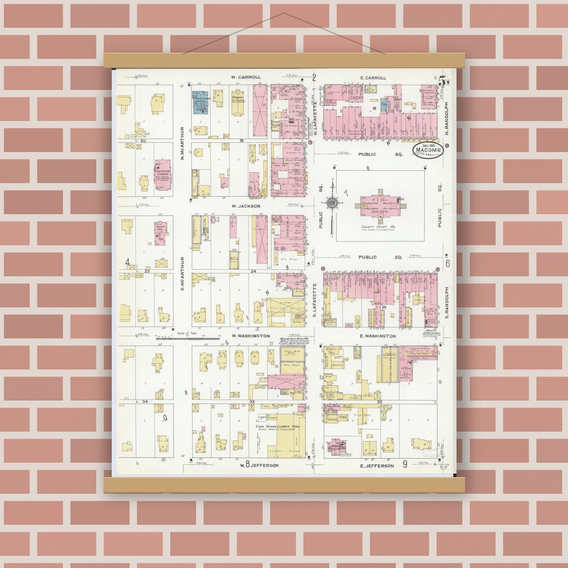 Old map wall art mockup — magnetic wood frame on brick wall — Sanborn Fire Insurance Map from Macomb, Mcdonough County, Illinois (1910), Sheet #0005