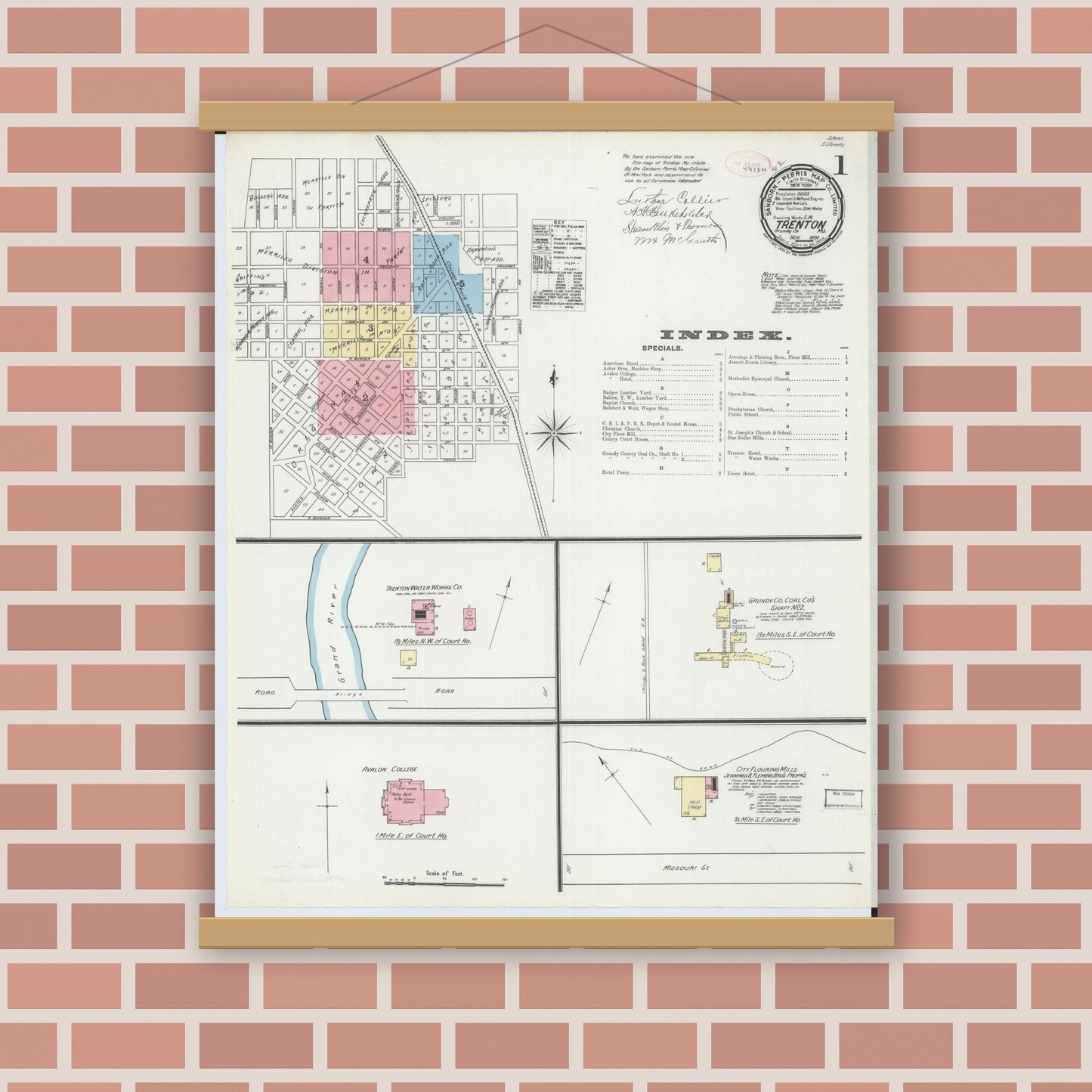 Old map wall art mockup — magnetic wood frame on brick wall — Sanborn Fire Insurance Map from Trenton, Grundy County, Missouri (1891), Sheet #0001