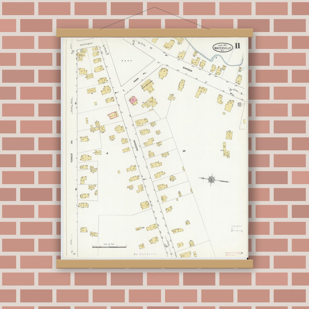 Old map wall art mockup — magnetic wood frame on brick wall — Sanborn Fire Insurance Map from Waterville, Oneida County, New York (1912), Sheet #0011