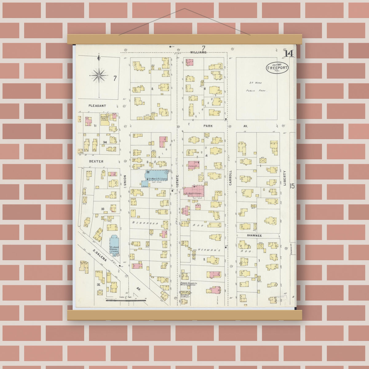 Old map wall art mockup — magnetic wood frame on brick wall — Sanborn Fire Insurance Map from Freeport, Stephenson County, Illinois (1897), Sheet #0014