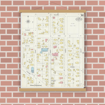 Old map wall art mockup — magnetic wood frame on brick wall — Sanborn Fire Insurance Map from Freeport, Stephenson County, Illinois (1897), Sheet #0014