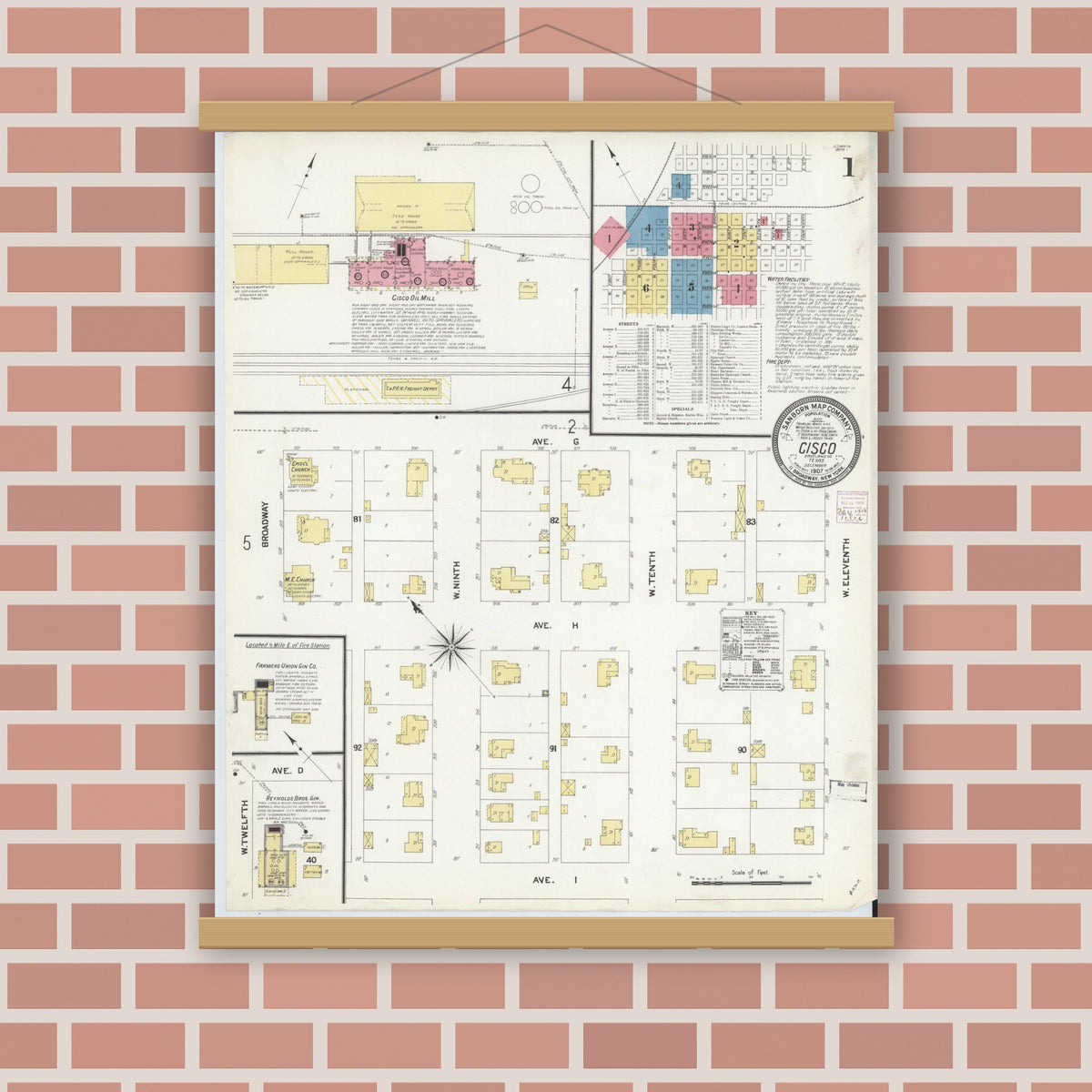Old map wall art mockup — magnetic wood frame on brick wall — Sanborn Fire Insurance Map from Cisco, Eastland County, Texas (1907) - Complete Map Set