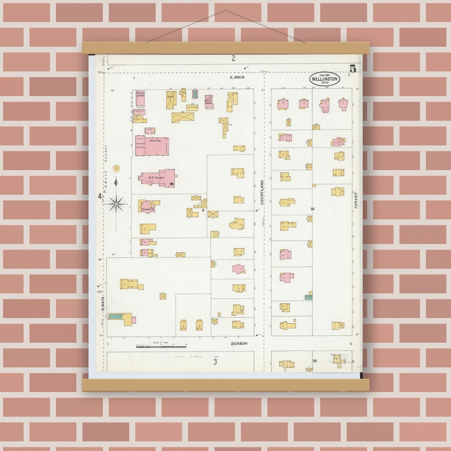 Old map wall art mockup — magnetic wood frame on brick wall — Sanborn Fire Insurance Map from Wellington, Lorain County, Ohio (1904), Sheet #0005