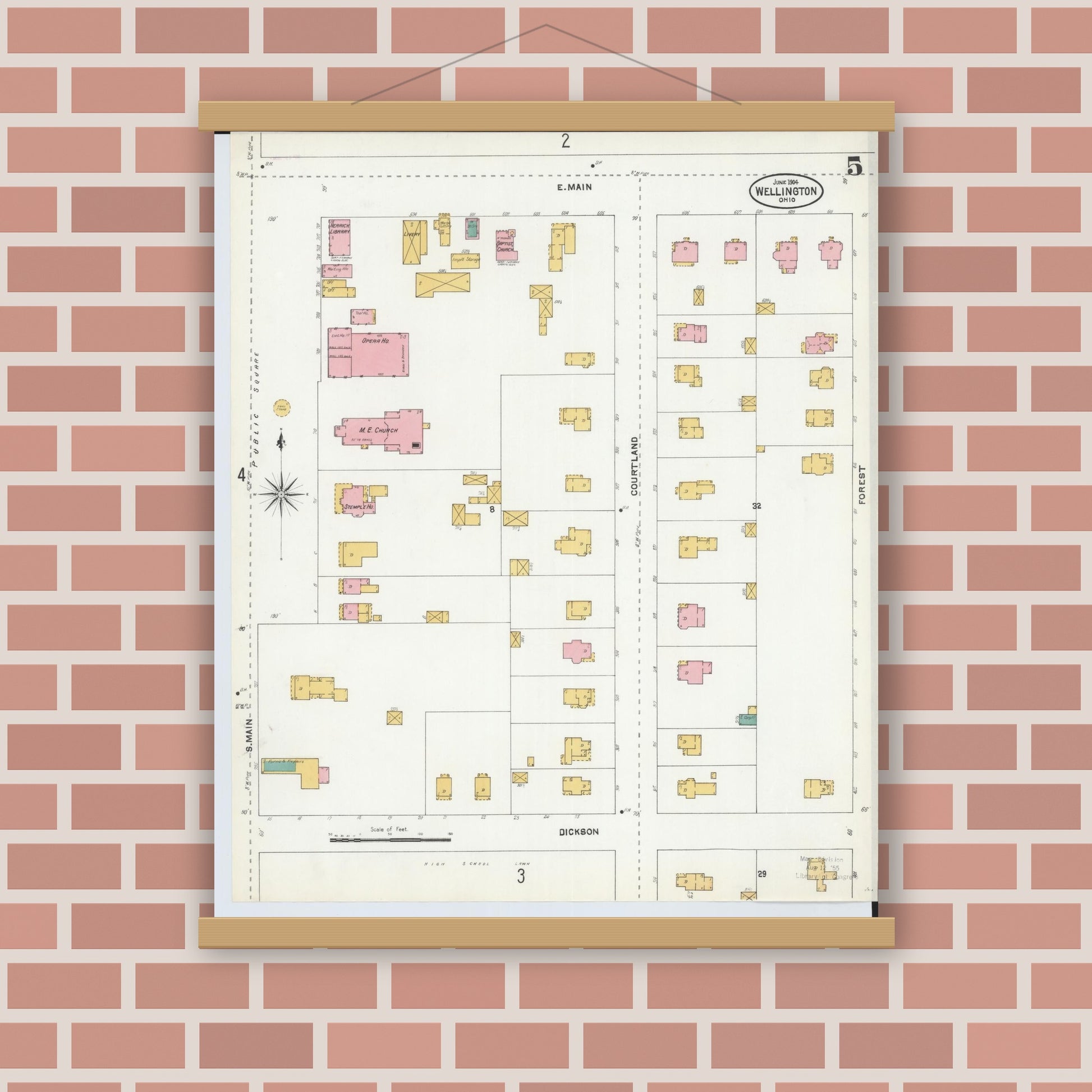 Old map wall art mockup — magnetic wood frame on brick wall — Sanborn Fire Insurance Map from Wellington, Lorain County, Ohio (1904), Sheet #0005