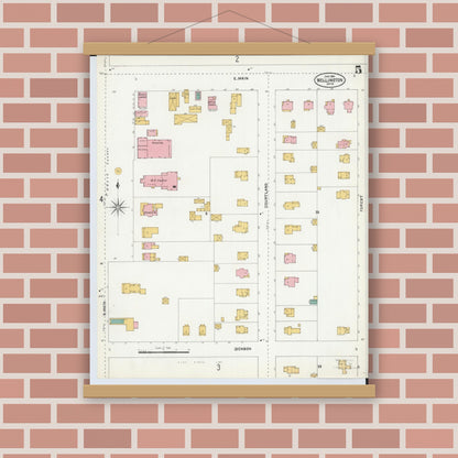 Old map wall art mockup — magnetic wood frame on brick wall — Sanborn Fire Insurance Map from Wellington, Lorain County, Ohio (1904), Sheet #0005