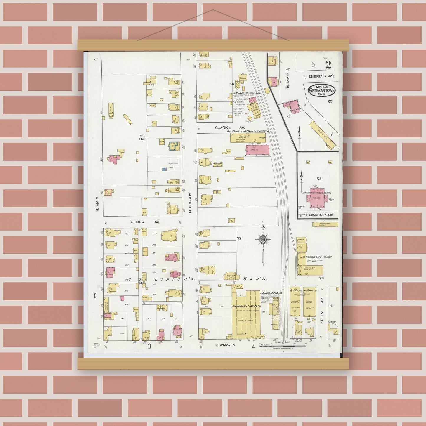 Old map wall art mockup — magnetic wood frame on brick wall — Sanborn Fire Insurance Map from Germantown, Montgomery County, Ohio (1921), Sheet #0002