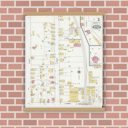Old map wall art mockup — magnetic wood frame on brick wall — Sanborn Fire Insurance Map from Germantown, Montgomery County, Ohio (1921), Sheet #0002
