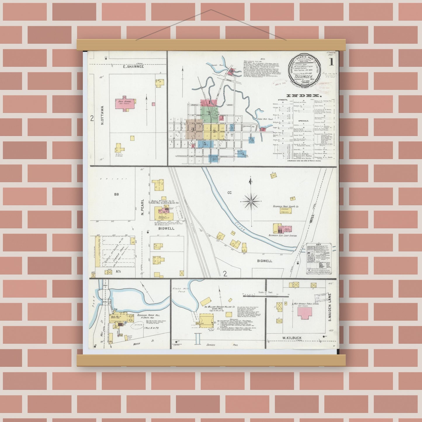 Old map wall art mockup — magnetic wood frame on brick wall — Sanborn Fire Insurance Map from Tecumseh, Lenawee County, Michigan (1899) - Complete Map Set