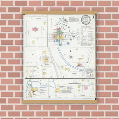 Old map wall art mockup — magnetic wood frame on brick wall — Sanborn Fire Insurance Map from Tecumseh, Lenawee County, Michigan (1899) - Complete Map Set