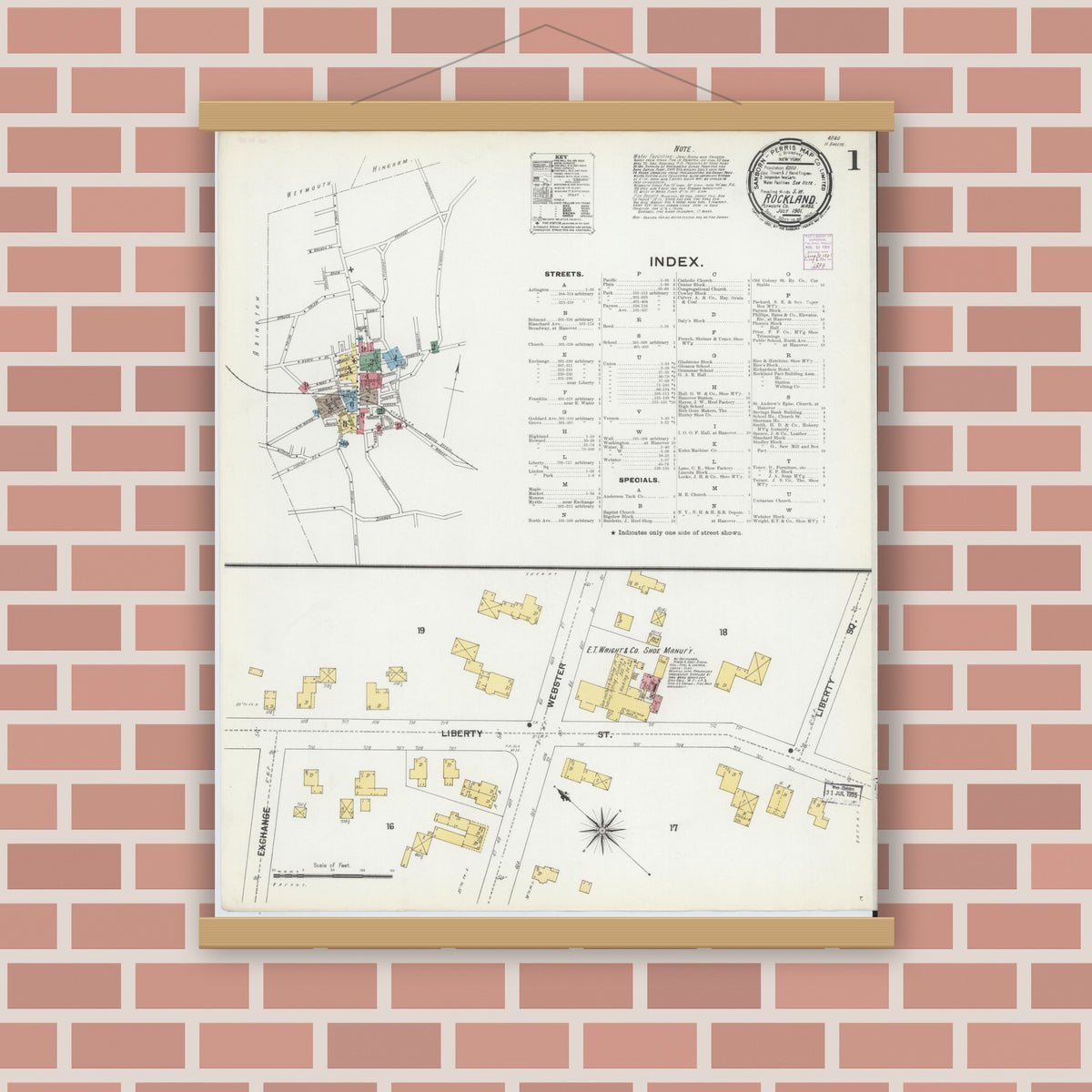 Old map wall art mockup — magnetic wood frame on brick wall — Sanborn Fire Insurance Map from Rockland, Plymouth County, Massachusetts (1901) - Complete Map Set
