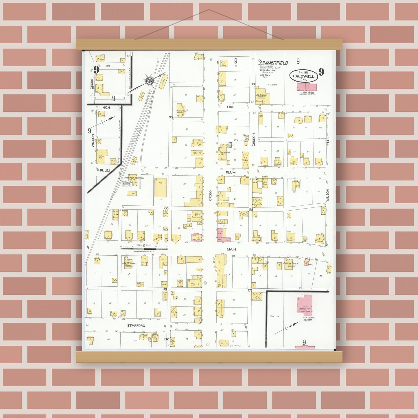 Old map wall art mockup — magnetic wood frame on brick wall — Sanborn Fire Insurance Map from Caldwell, Noble County, Ohio (1923), Sheet #0009