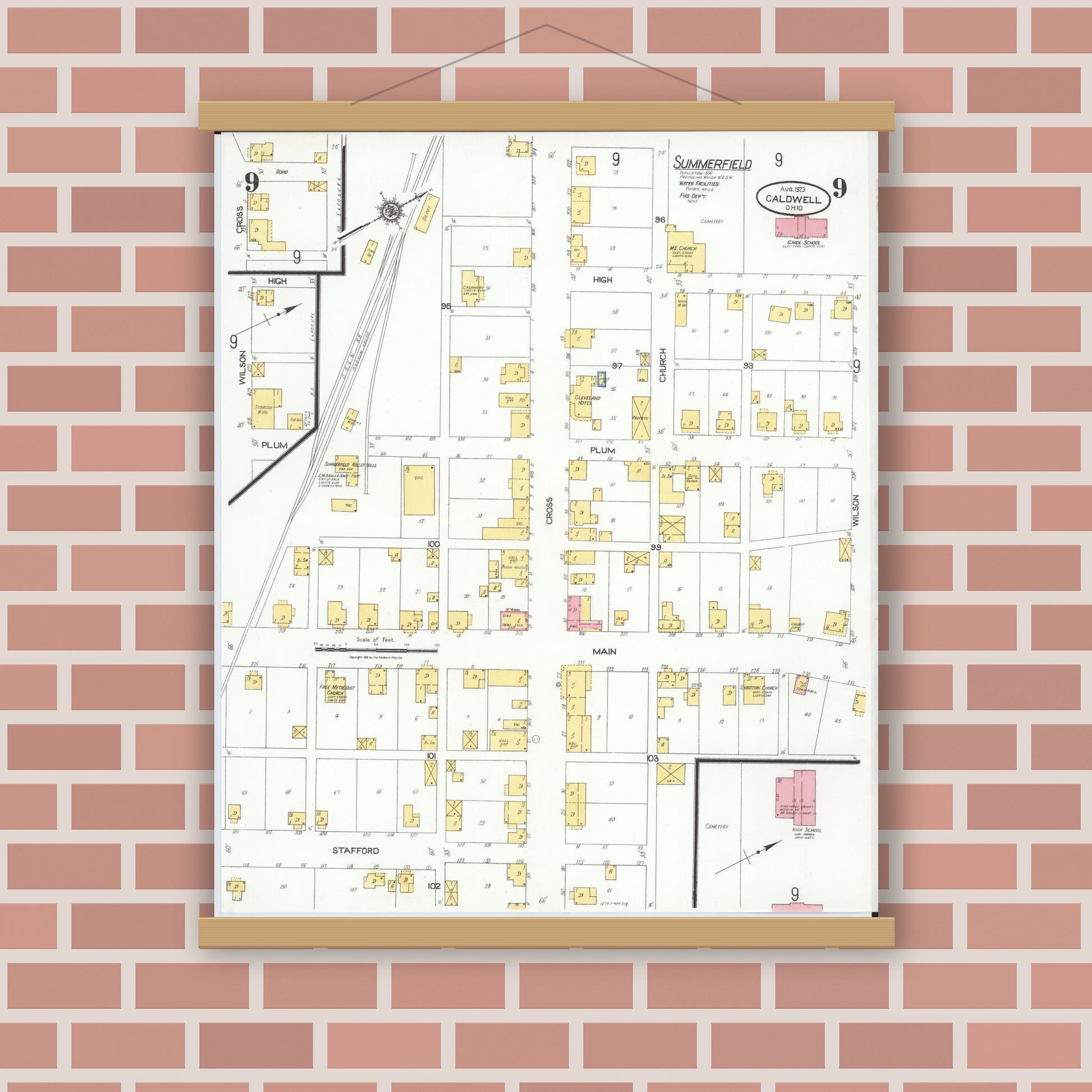 Old map wall art mockup — magnetic wood frame on brick wall — Sanborn Fire Insurance Map from Caldwell, Noble County, Ohio (1923), Sheet #0009