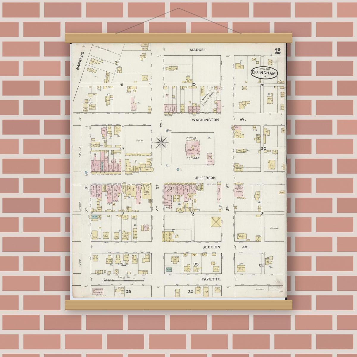 Old map wall art mockup — magnetic wood frame on brick wall — Sanborn Fire Insurance Map from Effingham, Effingham County, Illinois (1888), Sheet #0002