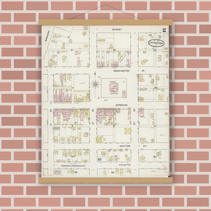 Old map wall art mockup — magnetic wood frame on brick wall — Sanborn Fire Insurance Map from Effingham, Effingham County, Illinois (1888), Sheet #0002