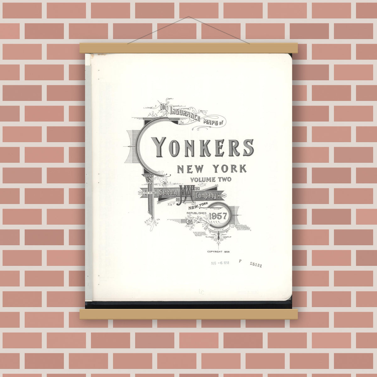 Old map wall art mockup — magnetic wood frame on brick wall — Sanborn Fire Insurance Map from Yonkers, Westchester County, New York (1957), Sheet #0001