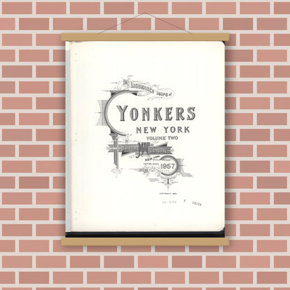 Old map wall art mockup — magnetic wood frame on brick wall — Sanborn Fire Insurance Map from Yonkers, Westchester County, New York (1957), Sheet #0001