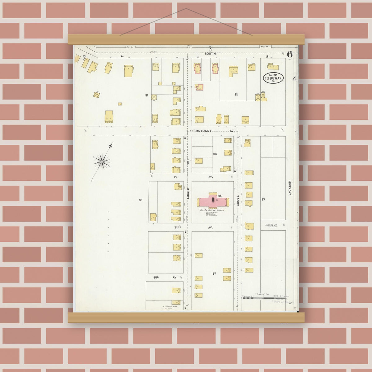 Old map wall art mockup — magnetic wood frame on brick wall — Sanborn Fire Insurance Map from Ridgway, Elk County, Pennsylvania (1904), Sheet #0006