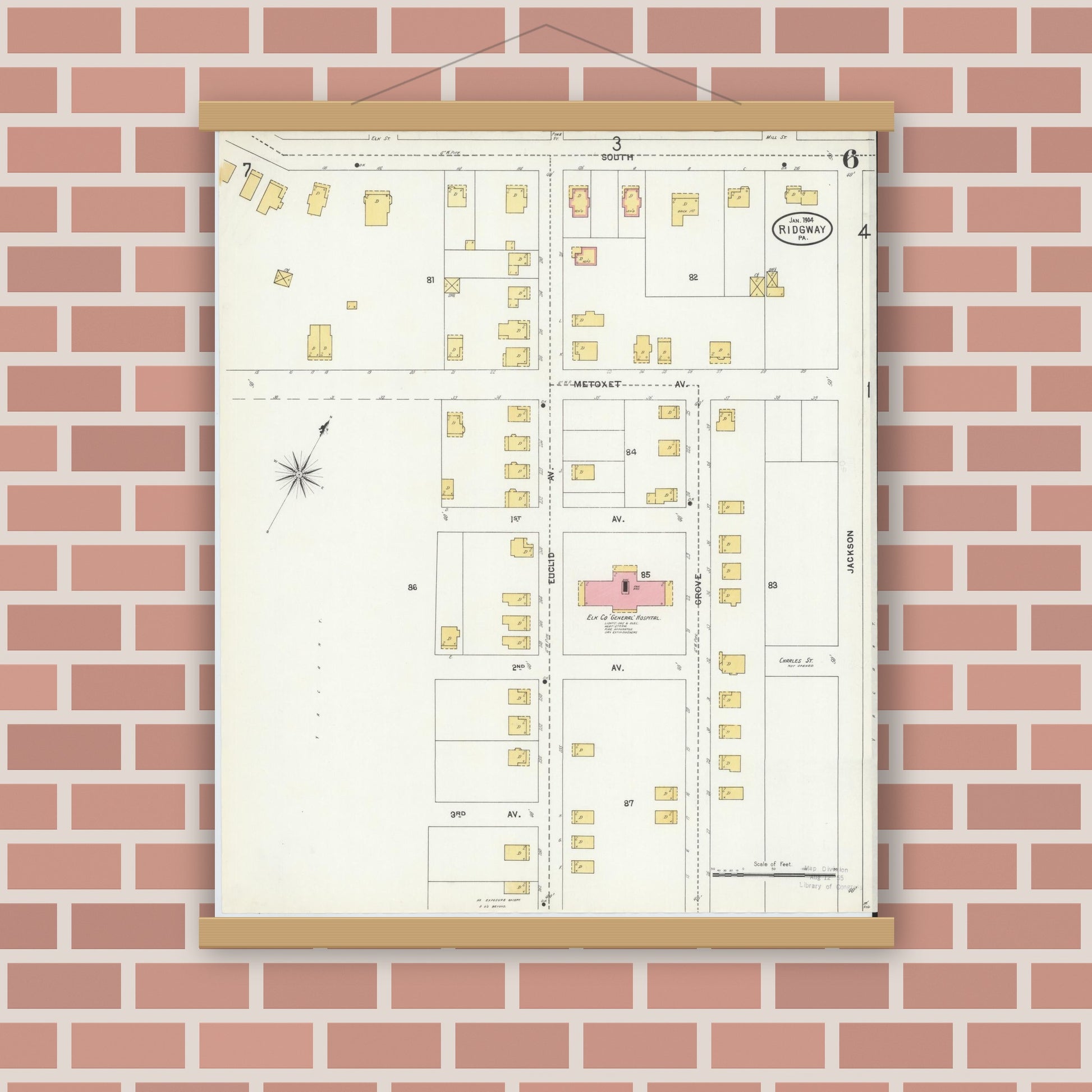 Old map wall art mockup — magnetic wood frame on brick wall — Sanborn Fire Insurance Map from Ridgway, Elk County, Pennsylvania (1904), Sheet #0006