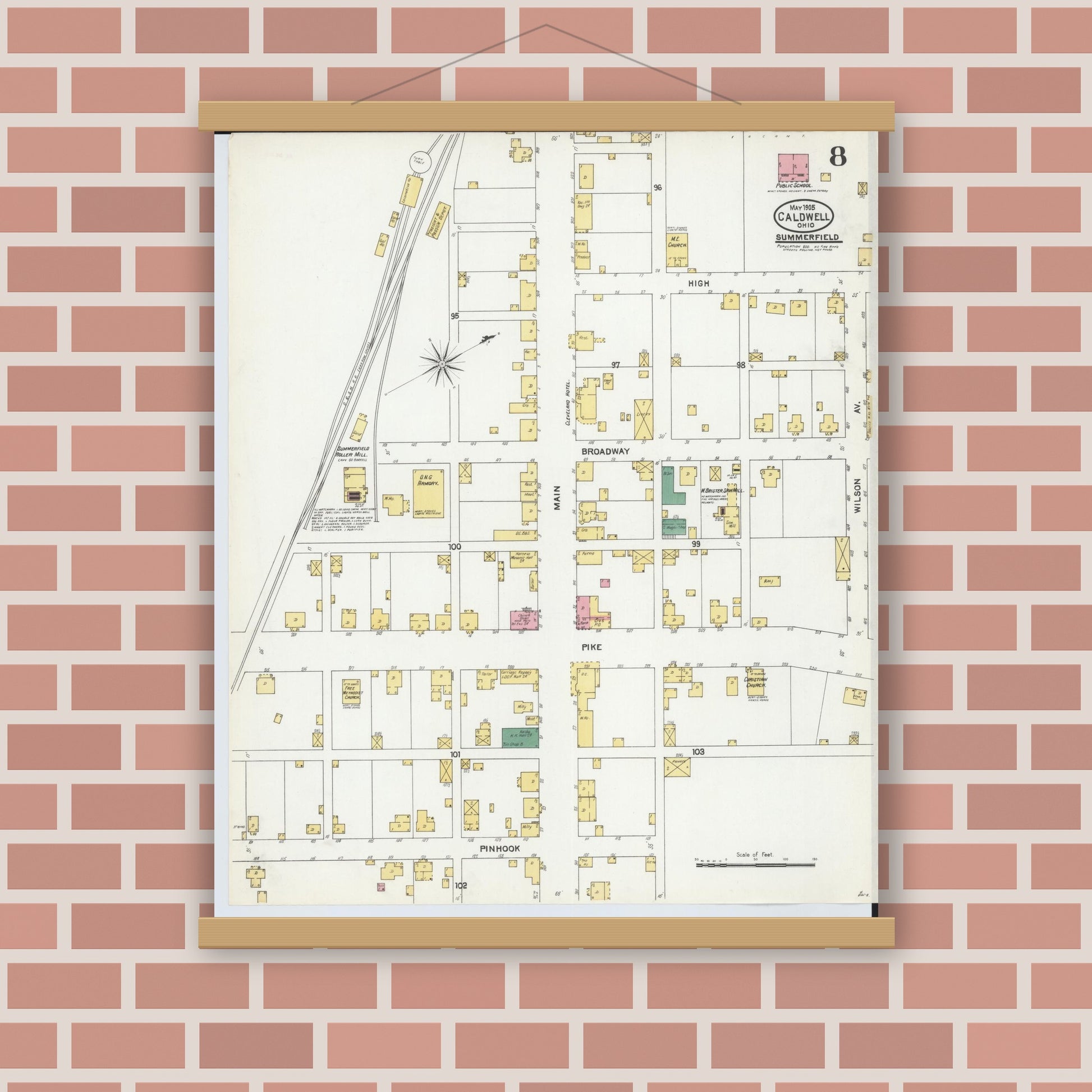 Old map wall art mockup — magnetic wood frame on brick wall — Sanborn Fire Insurance Map from Caldwell, Noble County, Ohio (1905), Sheet #0008