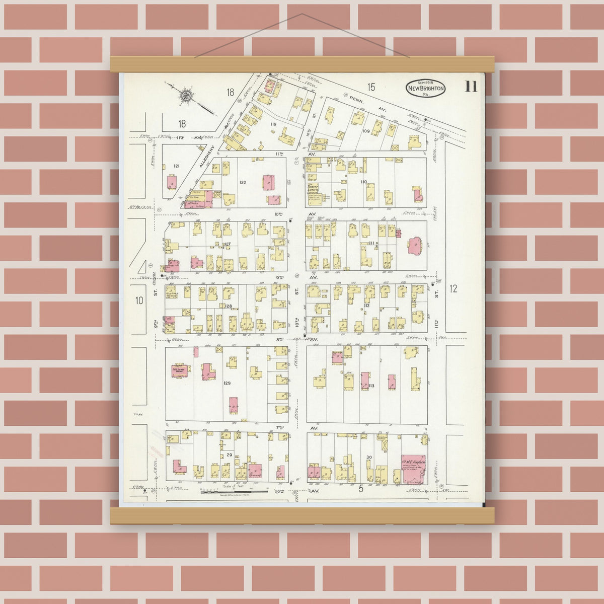 Old map wall art mockup — magnetic wood frame on brick wall — Sanborn Fire Insurance Map from New Brighton, Beaver County, Pennsylvania (1918), Sheet #0011