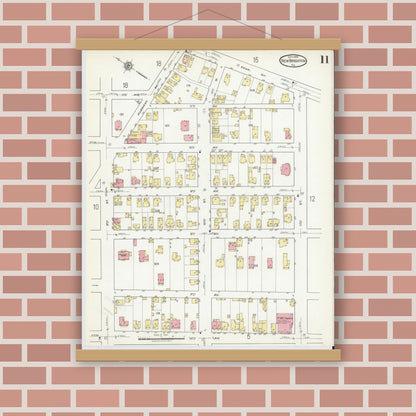Old map wall art mockup — magnetic wood frame on brick wall — Sanborn Fire Insurance Map from New Brighton, Beaver County, Pennsylvania (1918), Sheet #0011