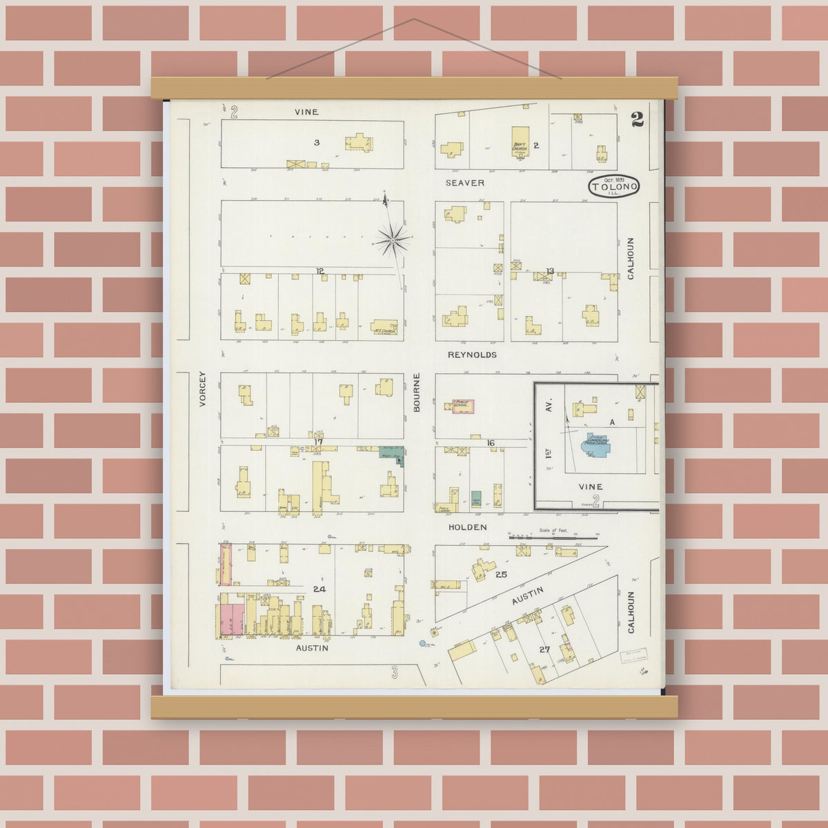 Old map wall art mockup — magnetic wood frame on brick wall — Sanborn Fire Insurance Map from Tolono, Champaign County, Illinois (1893), Sheet #0002