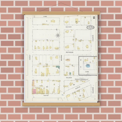 Old map wall art mockup — magnetic wood frame on brick wall — Sanborn Fire Insurance Map from Tolono, Champaign County, Illinois (1893), Sheet #0002