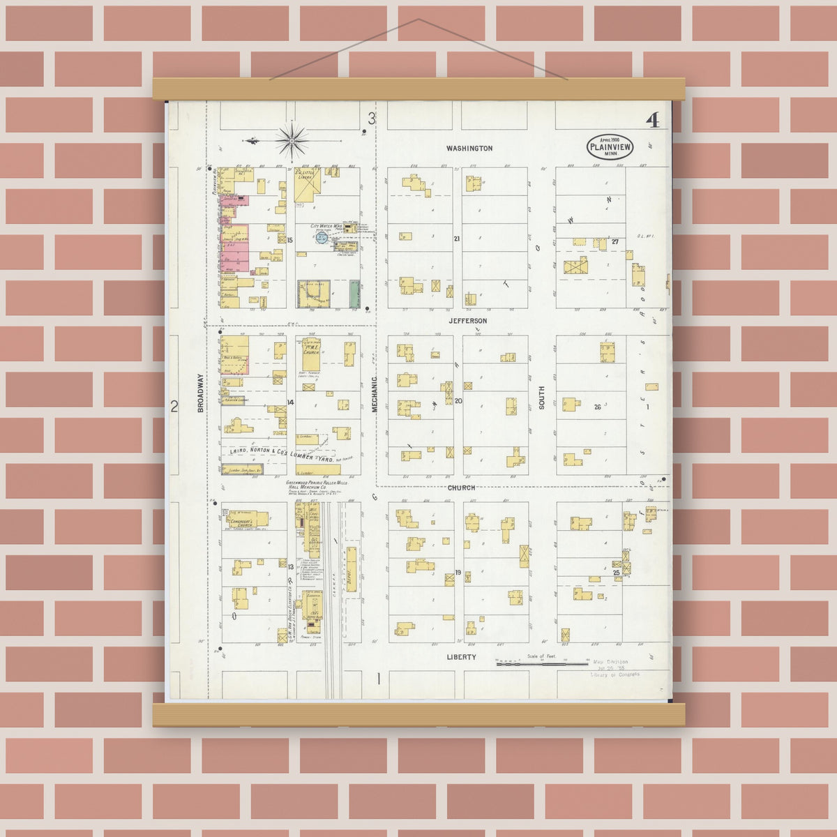 Old map wall art mockup — magnetic wood frame on brick wall — Sanborn Fire Insurance Map from Plainview, Wabasha County, Minnesota (1900), Sheet #0004