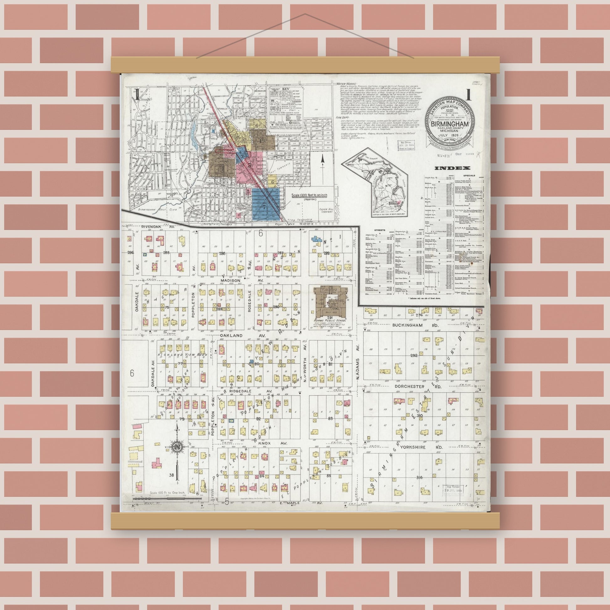 Old map wall art mockup — magnetic wood frame on brick wall — Sanborn Fire Insurance Map from Birmingham, Oakland County, Michigan (1926), Sheet #0001