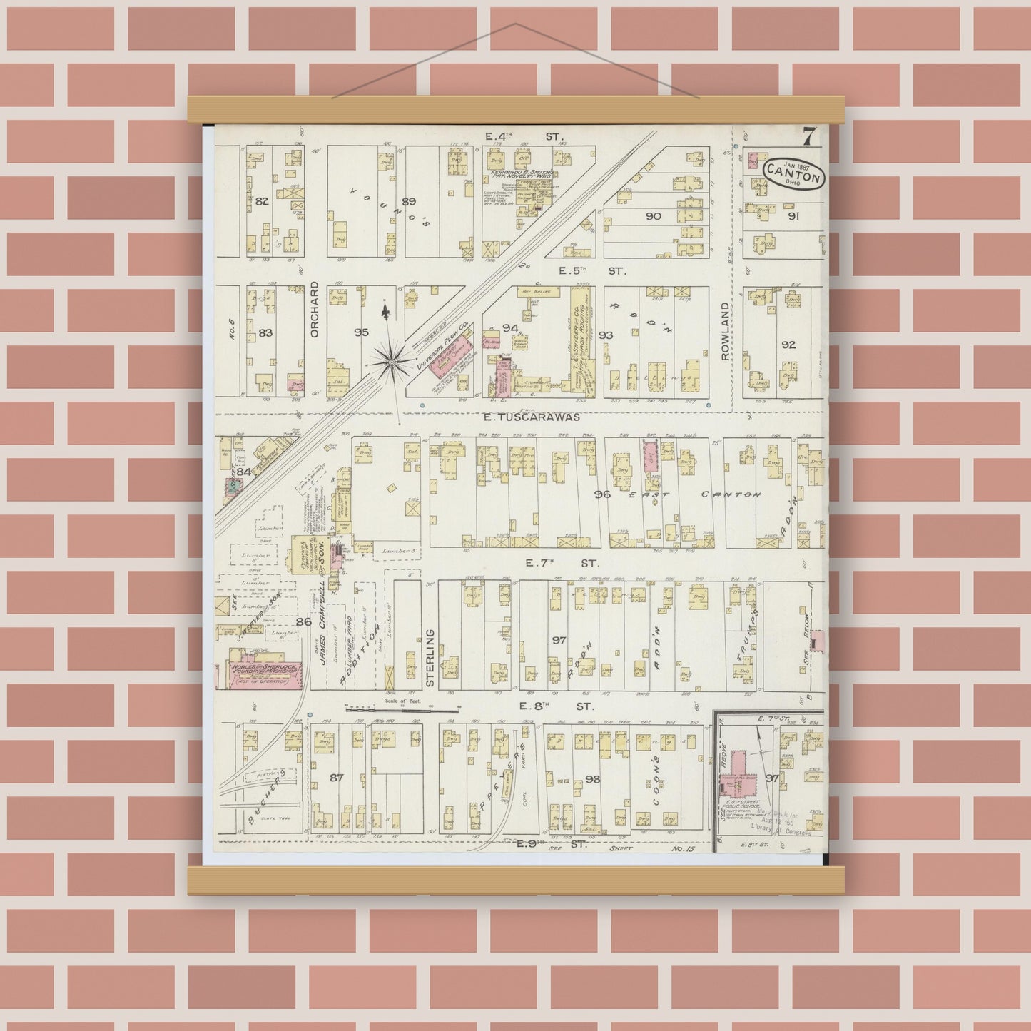 Old map wall art mockup — magnetic wood frame on brick wall — Sanborn Fire Insurance Map from Canton, Stark County, Ohio (1887), Sheet #0007