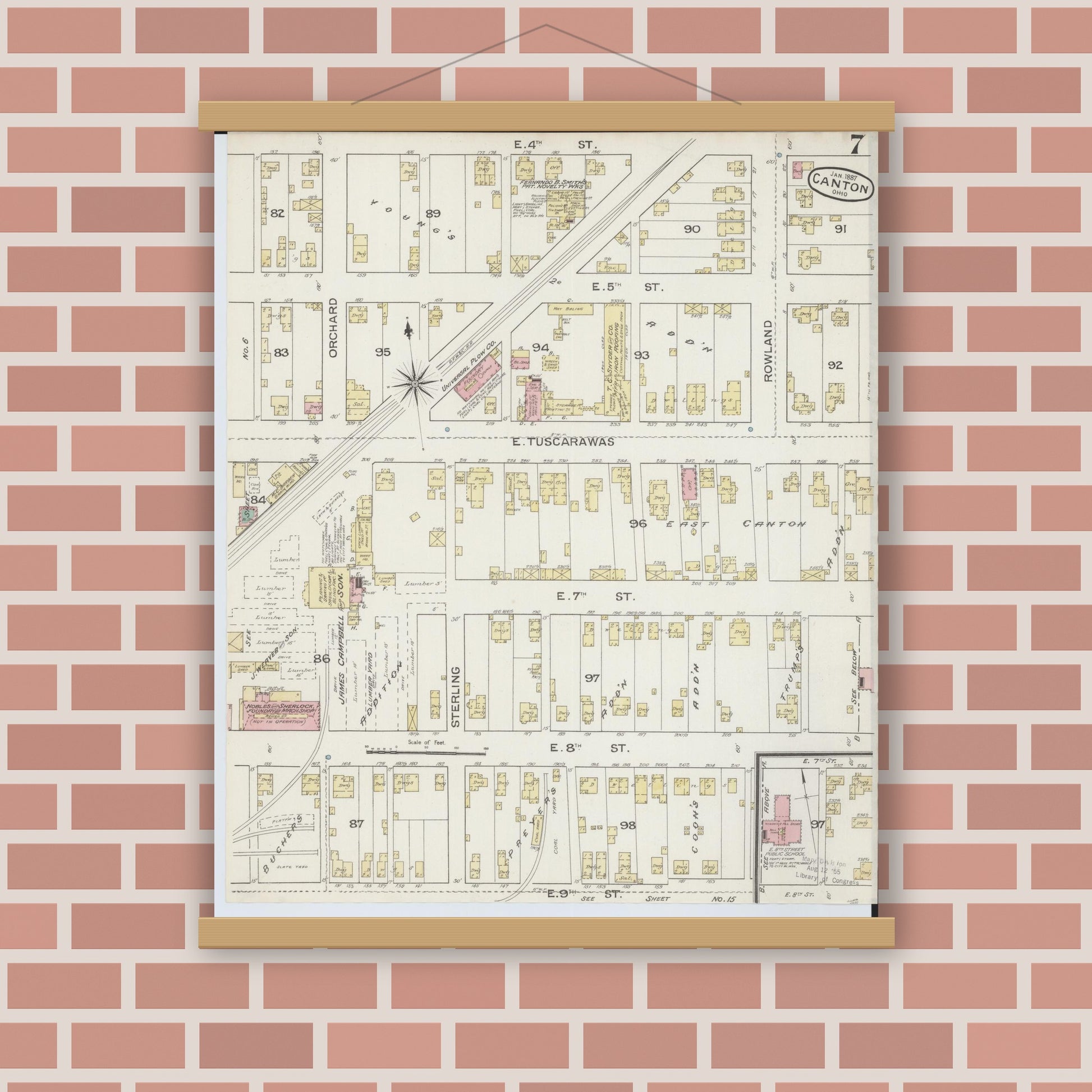 Old map wall art mockup — magnetic wood frame on brick wall — Sanborn Fire Insurance Map from Canton, Stark County, Ohio (1887), Sheet #0007